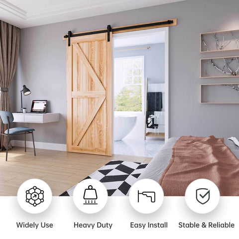 6 Ft Heavy Duty Sliding Barn Door Hardware Track Kit With J Pulley, easy install in bedroom, shown in modern interior