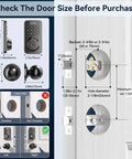 Diagram showing measurements for installing Keyless Entry Door Lock With Handle Set And WiFi App Control Fingerprint Scanner.