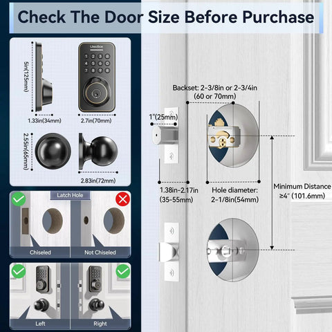 Diagram showing measurements for installing Keyless Entry Door Lock With Handle Set And WiFi App Control Fingerprint Scanner.