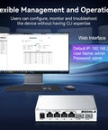 Six Port 2.5G Easy Web Managed Switch With Four 2.5G BaseT Ports and Two 10G SFPPlus shown with computer interface for setup