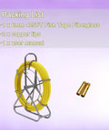 Packing list showing Intsuprmai 425 Ft Fiberglass Fish Tape, yellow reel, copper tips, and user manual.
