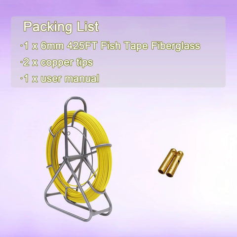 Packing list showing Intsuprmai 425 Ft Fiberglass Fish Tape, yellow reel, copper tips, and user manual.