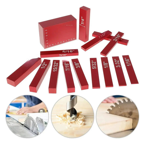 Dead Nuts Accurate Aluminum Height Gauge Block Set Featuring Crisp Etched Inch Measurements For Locking In Router Tables And Table Saws Rock Solid Workshop Essentials Black, featuring red gauge blocks with etched markings.