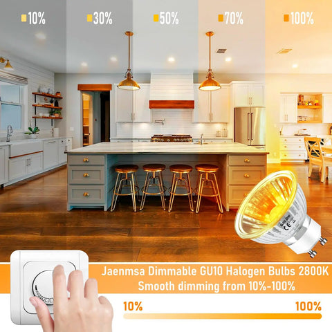 Image of kitchen with 50W GU10 Halogen Bulbs for Candle Warmer Lamps with dimming levels and warm white 2800K light.