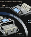 K08 Money Counter Machine With 3.8 Inch Value Display For USD And EUR, UV MG IR DD VI FA Counterfeit Detectors, showing bills processed