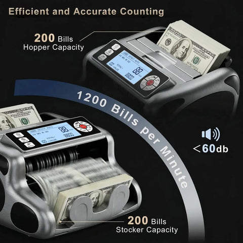 K08 Money Counter Machine With 3.8 Inch Value Display For USD And EUR, UV MG IR DD VI FA Counterfeit Detectors, showing bills processed