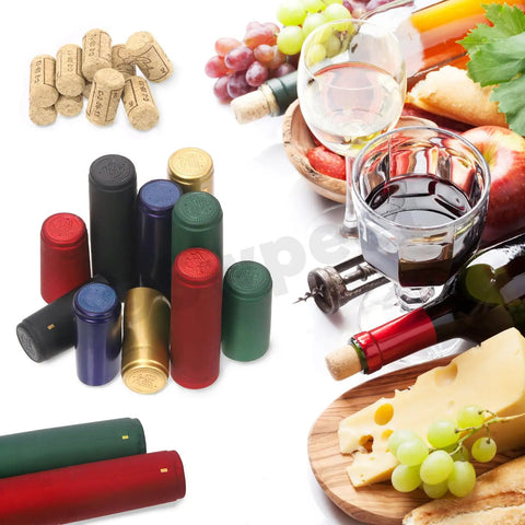 Kickass 130 Piece Wine Bottle Cork And Heat Shrink Cap Kit With Genuine Cork Plugs And Vivid Pvc Foil Covers In Gold Black Red Green Blue For Serious Home Winemaking Projects with corks and colorful caps.