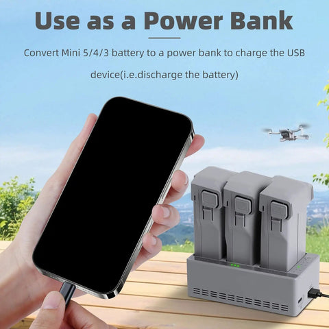 Three Slot Smart Drone Battery Charger Hub For Simultaneous Charging Of Drone Batteries used as power bank outdoors.