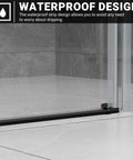 Close-up of 60 Inch Wide Frameless Sliding Shower Door With Sealing Strips And Waterproof Handle 5/16 Inch 8mm Clear Tempered Glass Black Stainless Steel Hardware 76 Inch High Reversible Left Or Right Opening