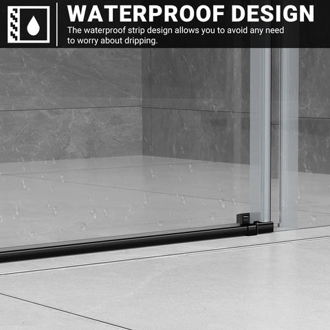 Close-up of 60 Inch Wide Frameless Sliding Shower Door With Sealing Strips And Waterproof Handle 5/16 Inch 8mm Clear Tempered Glass Black Stainless Steel Hardware 76 Inch High Reversible Left Or Right Opening