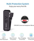 Two Pack USB Power Strip With 2 Outlets And 3 USB Ports, Go-To Travel Ready Desktop Charging Station, safety features displayed
