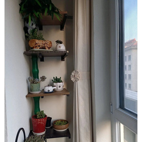 Tough As Nails Dual Pack Wall Mounted Floating Shelf Brackets In Industrial Black holding potted plants in a corner with adjustable supports.