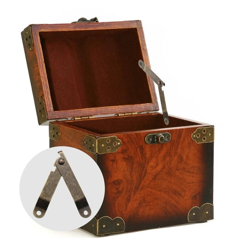 Wooden chest with 4 Pack Small Antique Brass Folding Lid Support Hinges For Wooden Boxes Jewelry Cases And Chests, shown installed.