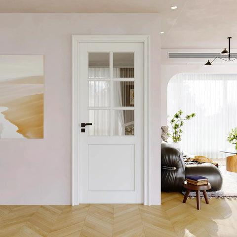 32 By 80 Inch Clear Glass Slab Door Six Lite Glass French Interior Design Prehung Paintable Single Panel For Living Room Pantry Laundry Closet Pocket Or Bifold Barn Doors Shaker Style Hardware Not Included installed in modern living room