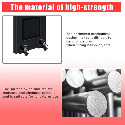 Heavy Duty Door Dolly Kit With Wheels For 0 To 2.12 Inch Thick Doors, 2 Piece Adjustable Door Installation Set, Supports Up To 750 Lbs, Great For Commercial And Residential Use, Smooth Roll, Durable Black, high-strength material close-up and side view with corrosion resistance description.