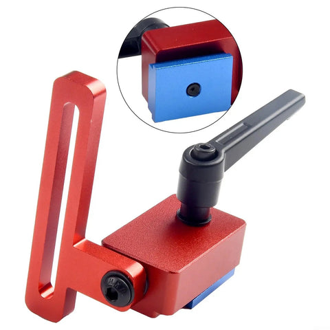 30mm Miter Track T-Track Stop Limiter for precise woodworking, red aluminum alloy jig, close-up of locking mechanism