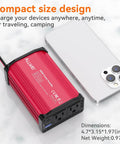 300W Car Power Inverter 12V to 110V AC With Dual Outlets and 27W PD USB-C Plus 18W USB-A Fast Charging, Red next to a phone