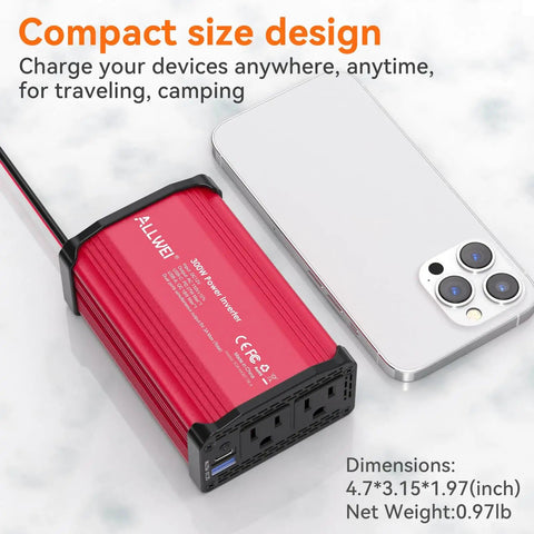 300W Car Power Inverter 12V to 110V AC With Dual Outlets and 27W PD USB-C Plus 18W USB-A Fast Charging, Red next to a phone