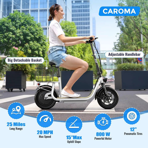 Woman riding Peak 800W Electric Scooter with seat for adults, white, showing 12-inch tires and detachable basket, urban setting.