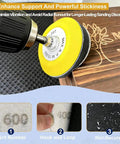 All In One 174 Pcs 3 Inch Sanding Discs Kit in use on wooden surface with yellow drill pad and grit details.