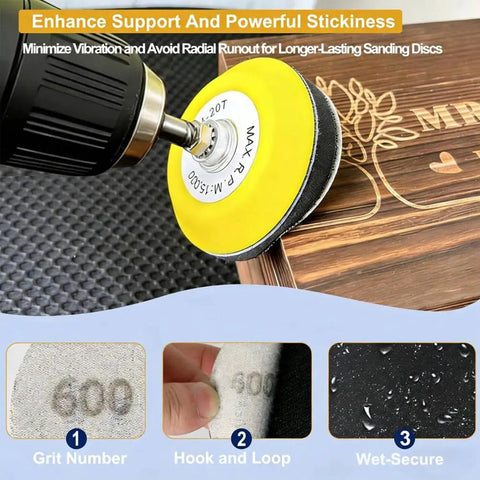 All In One 174 Pcs 3 Inch Sanding Discs Kit in use on wooden surface with yellow drill pad and grit details.