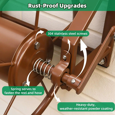Wall Mounted Garden Hose Reel with rust-proof steel screws and weather-resistant powder coating for outdoor use.