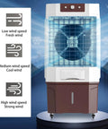 Portable Evaporative Air Cooler With Massive Water Tank And Two Frozen Ice Packs For Quick Room Chill, showing speed settings and design.