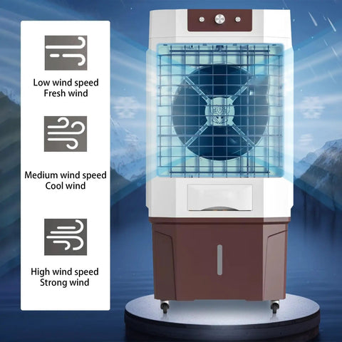 Portable Evaporative Air Cooler With Massive Water Tank And Two Frozen Ice Packs For Quick Room Chill, showing speed settings and design.