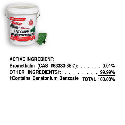 Proven Heavy Hitter Bromethalin Mouse And Rat Bait Blocks For Knockout Indoor And Outdoor Pest Control With Tamper Resistant Station Safety In Solid 4.25 Pound Bulk Pail with active ingredients listed.