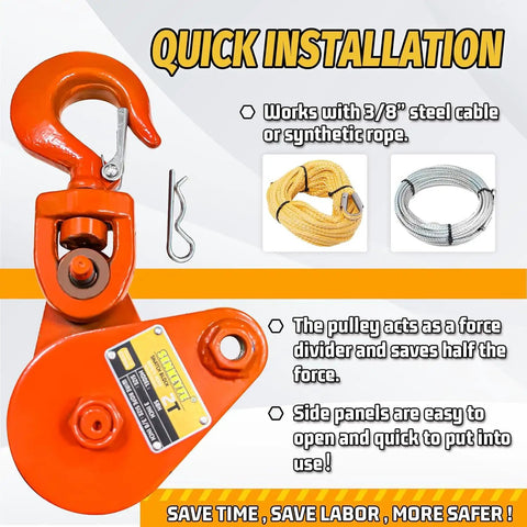2 Ton Snatch Block With Hook 3 Inch Sheave For 3/8 Inch Wire Rope Snatch Block Pulley Set For Tow Truck Rollback Wrecker Hauler Beefed Up Winch Accessory Durable Alloy Steel 2 Pack showing open hook and rope fit