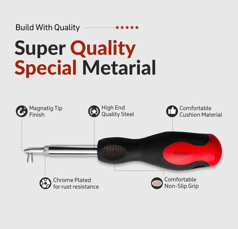 Six In One Screwdriver Set Grab And Go With Non Slip Grip Built In Bit Holder And Nut Driver For Multipurpose Use Including Phillips And Slotted Bits In High Quality Steel