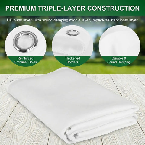 Ultra Clear Golf Simulator Screen For Indoor And Outdoor Practice, showing reinforced grommet holes, thickened borders, and material layers.