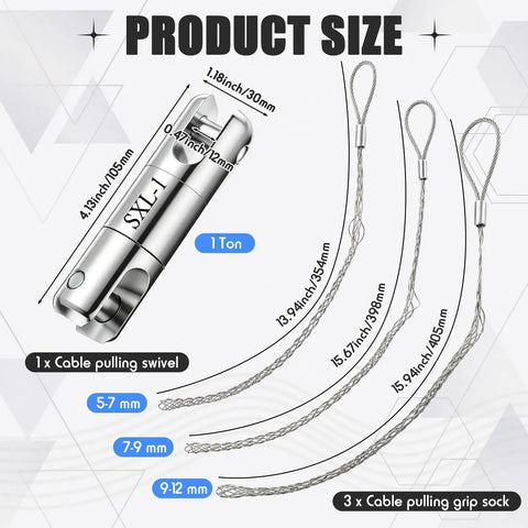 Heavy Duty 1 Ton Cable Puller Swivel Tool With 3 Mesh Grip Socks For Wire Tugging Up To 12 Mm, size and measurements shown.