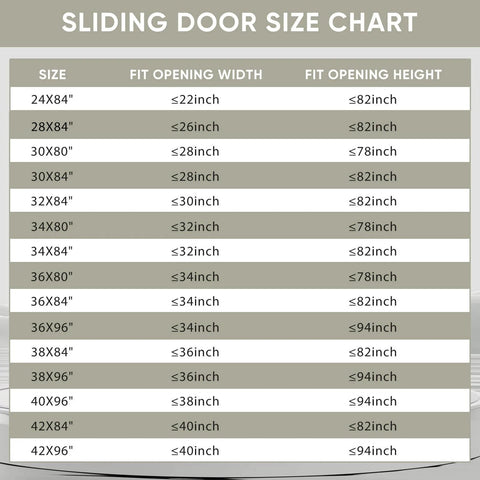 Sliding door size chart showing dimensions for various door sizes, including 36x84 Inch Glass Sliding Barn Door Kit With 6Ft Hardware Black Aluminum Frame Clear Tempered Glass 3 Panel Dope Modern French Style Easy To Install Durable Rust Resistant Track System For Interior Rooms.