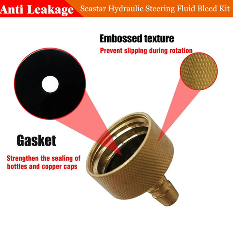 Sea Star Hydraulic Steering Bleed Kit component with textured brass connector and gasket detail for anti-leakage.