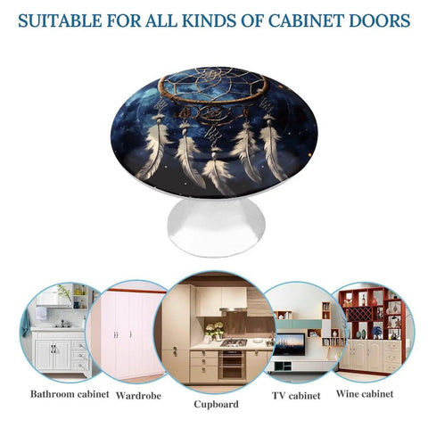 White Fantasy Dream Catcher Drawer Knobs 2 Pack 1.1 Inch Stainless Steel Cabinet Hardware shown with dreamcatcher design