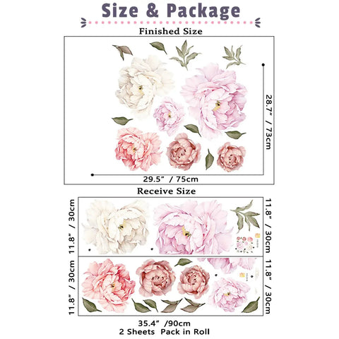Peony Wall Decals Set For Living Room And Bedroom, Delicate Pink And White Floral Vinyl Stickers, Two Big Sheets 28.7 By 29.5 Inches