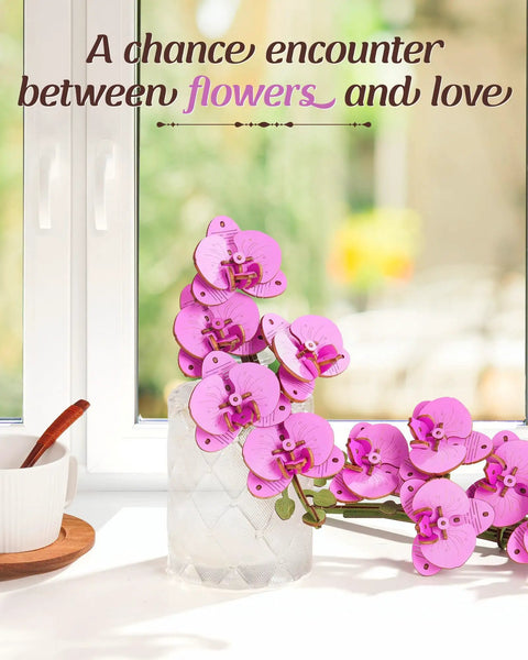3D Wooden Flower Puzzle Kit For Adults, Dope DIY Botanical Orchid Build Set, Purple Moth Orchid Craft Project, vase display