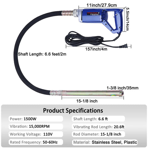 Handheld Power Concrete Vibrator 15000 RPM 1500W 2HP Electric Vibrator with 6.6 ft cord and specifications display