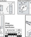 Diagram showing installation specifications for 30 Pack Full Overlay Face Frame Cabinet Hinges With 105 Degree Adjustable Concealed Soft Close Cup Hinges Easy Install.