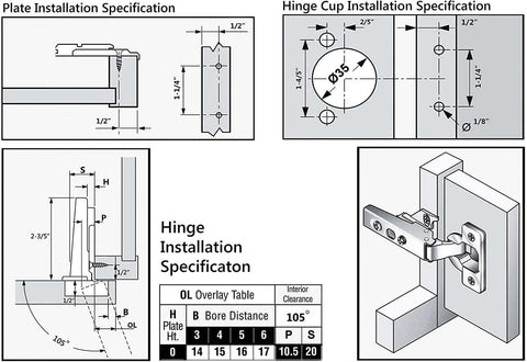 Diagram showing installation specifications for 30 Pack Full Overlay Face Frame Cabinet Hinges With 105 Degree Adjustable Concealed Soft Close Cup Hinges Easy Install.
