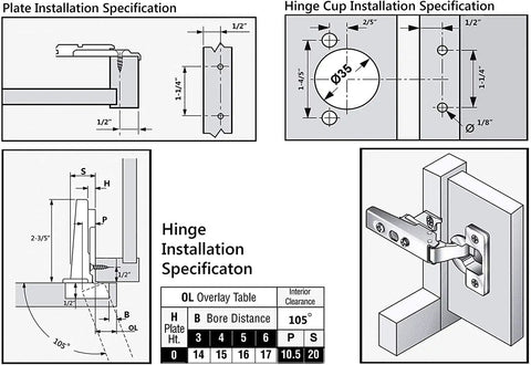 Diagram showing installation specifications for 50 Pack Full Overlay Face Frame Cabinet Door Hinges With Soft Close Dampers, 105 Degree Adjustable Concealed Kitchen Hinges For Face Frame Cabinets, Includes 200 Screws, Durable And Easy Installation.