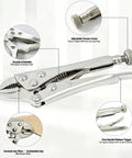 4 Inch Locking Pliers With Curved Jaw And Wire Cutter, Pro Grade Chromium Vanadium Steel, adjustable jaw, non slip grip, tool details