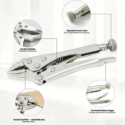 4 Inch Locking Pliers With Curved Jaw And Wire Cutter, Pro Grade Chromium Vanadium Steel, adjustable jaw, non slip grip, tool details
