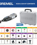 Display of 12 Volt Max Cordless Rotary Tool Kit with battery, carrying case, 28 accessories, and 2 attachments for quick changes