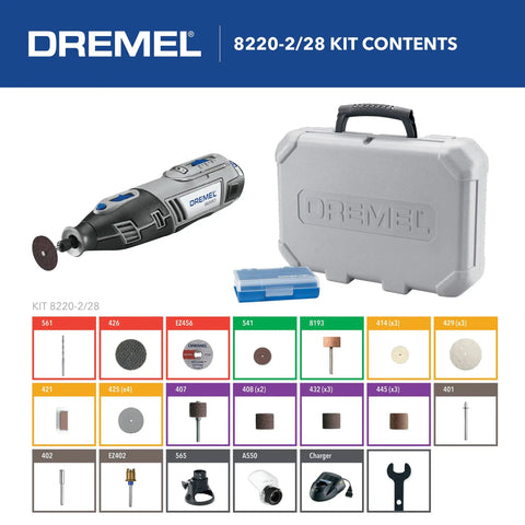 Display of 12 Volt Max Cordless Rotary Tool Kit with battery, carrying case, 28 accessories, and 2 attachments for quick changes