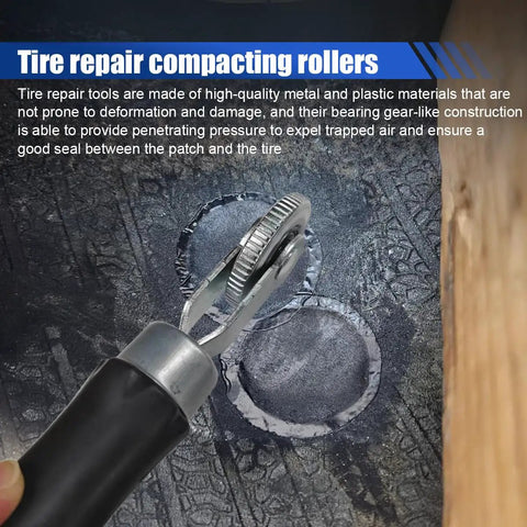Heavy Duty Tire Patch Kit For Quick Flat Fixes With roller pressing patch onto tire surface