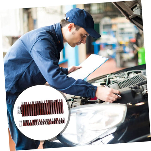 Professional Spline And Star Bit Socket Set Featuring Ergonomic Comfort Handles Grease Monkey Garage Essential For Diy Auto Repair And Workshop Daily Maintenance used by a mechanic inspecting an engine.