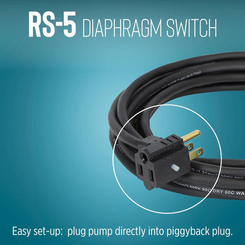 RS 5 115 Volt Piggyback Diaphragm Pump Down Switch For Sump Or Utility Pumps With 10 Foot Cord Black Converts Manual Pumps Up To One Half Horsepower To Automatic Operation Easy Plug In Install Ideal For Sump Flood Pond Drainage 599008 close up of plug