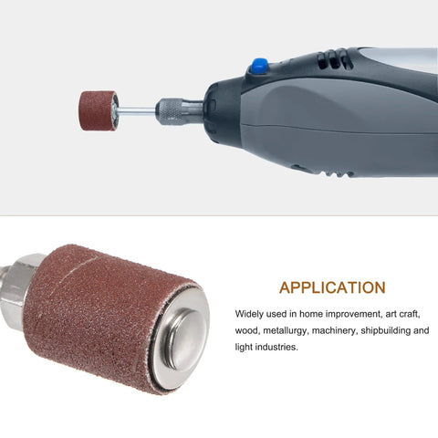 Close-up of rotary tool with 12 Pack Three Quarter Inch Sanding Sleeves 120 Grit With 6mm Drum Mandrels For Rotary Tools Aluminum Oxide Sandpaper